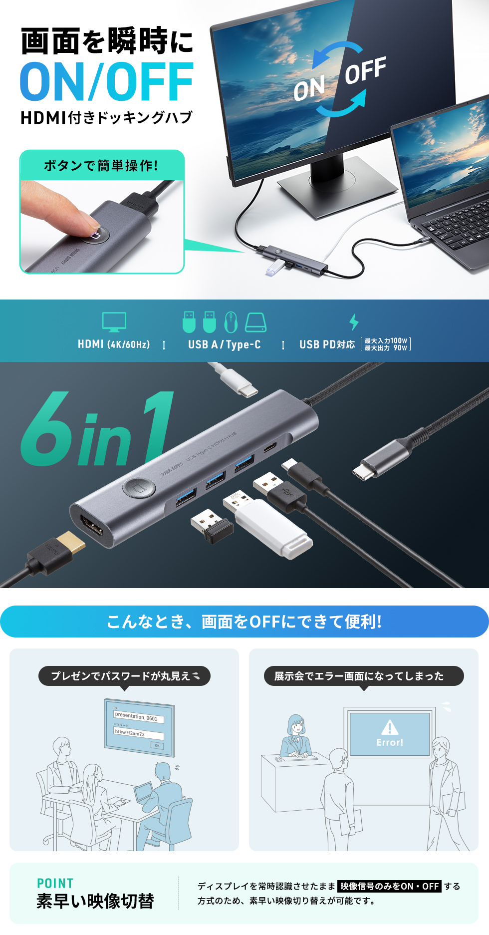 HDMIポートを搭載したUSB Type-Cハブ。HDMI ON・OFFスイッチ付