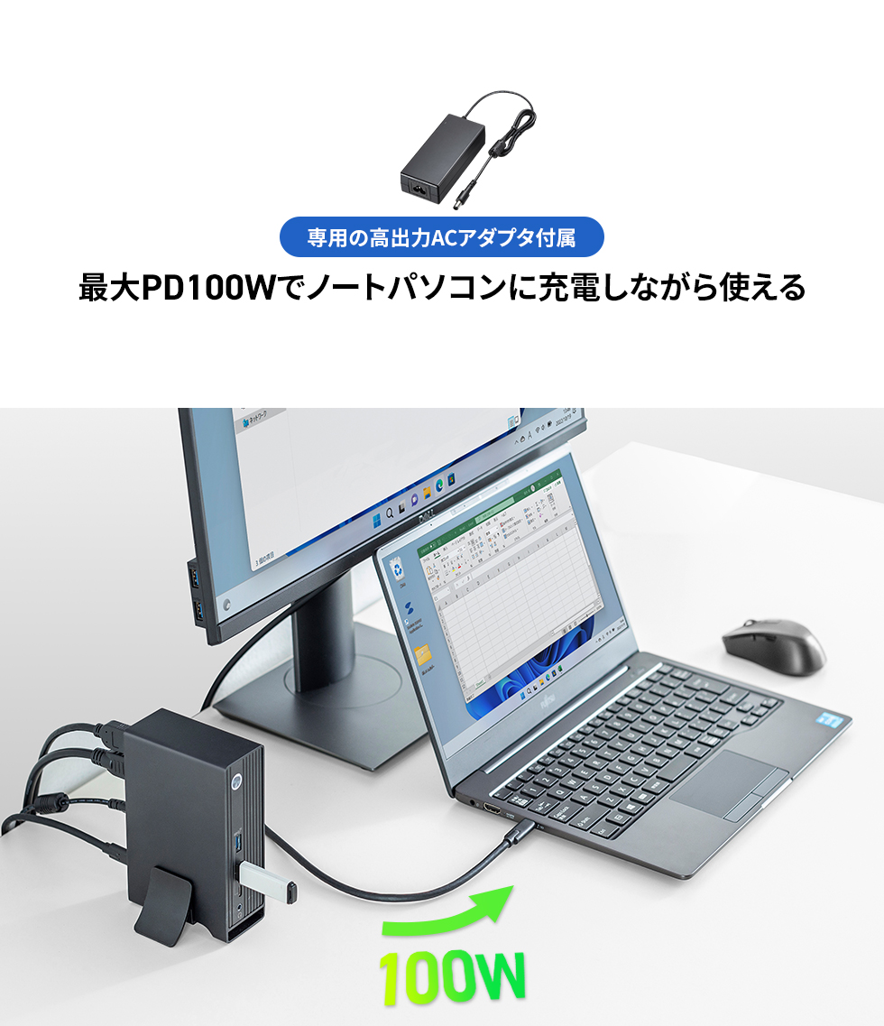 専用の高出力ACアダプタ付属 最大PD100Wでノートパソコンに充電しながら使える