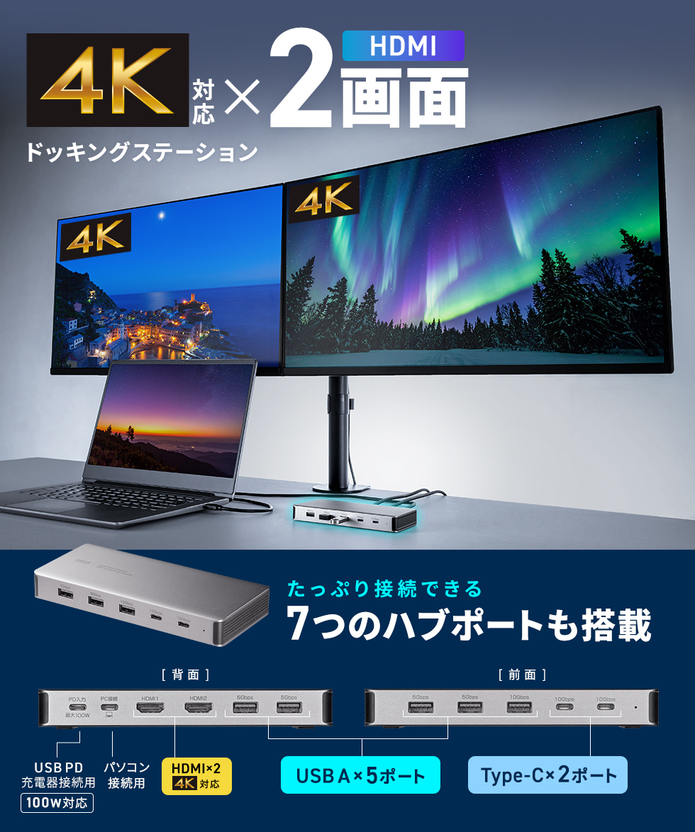 HDMIの映像出力端子を2ポート備えた最大4K×2画面映像出力ができるドッキングステーション。7ポートのUSBハブポート搭載。