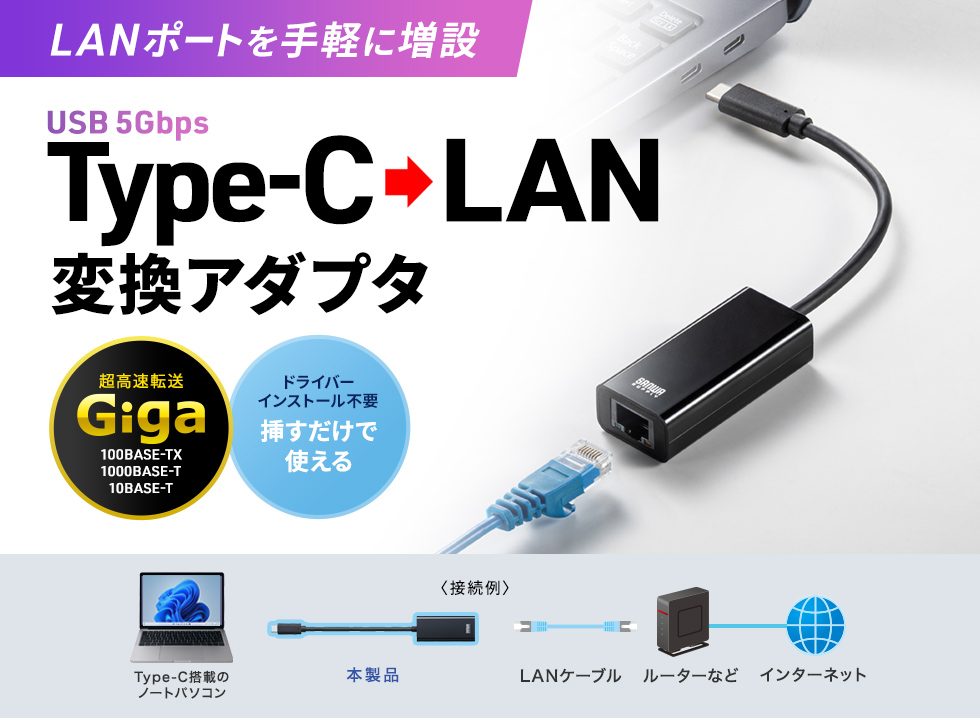 LANポートのない機器でも有線LAN接続ができる。USB-Aポートをギガビット対応LANポートに変換するUSB-LAN変換アダプタ。
