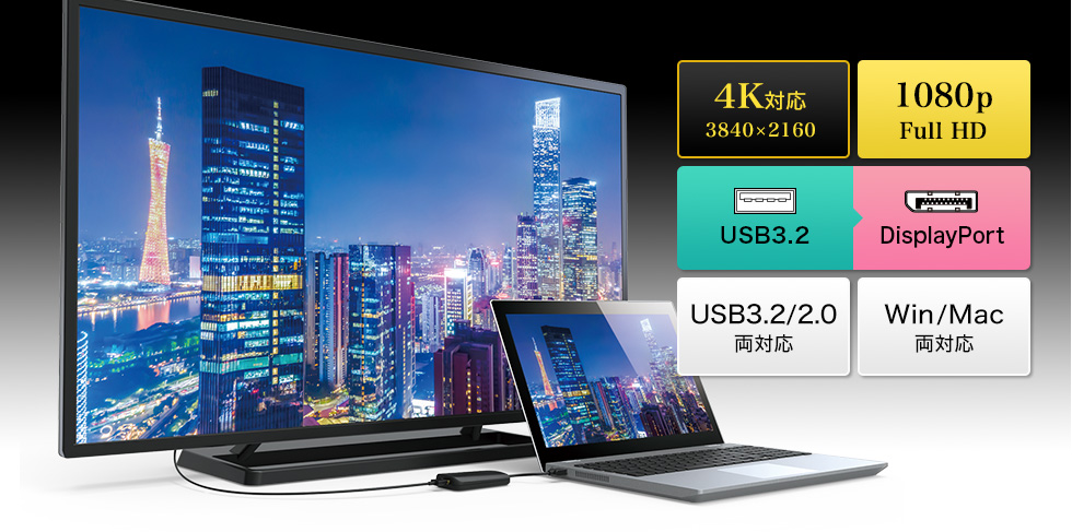 4K対応 3840×2160　1080p Full HD　USB3.2　DisplayPort　USB3.2/2.0 両対応　Win/Mac 両対応