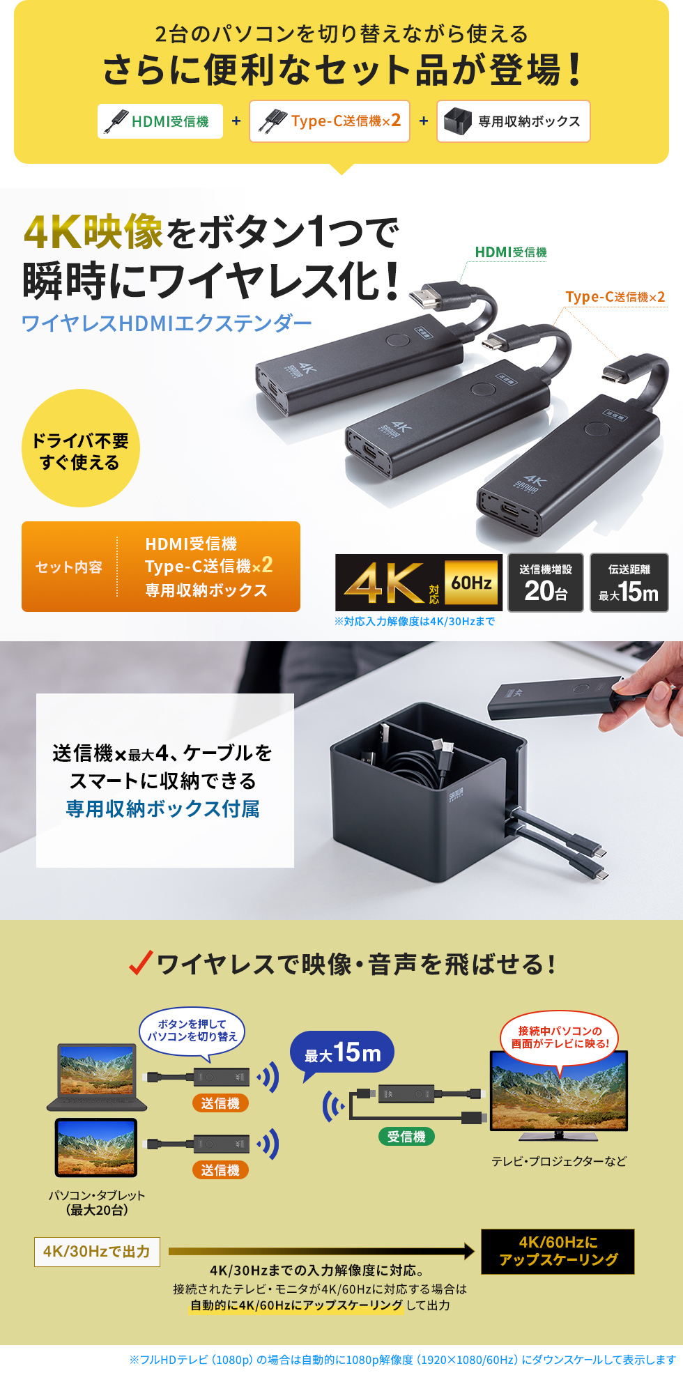 4K/60Hz対応で大型テレビに高精細表示！送信機2台を標準同梱し、さらに最大4台まで収納できる専用ボックスでスマートに管理可能。複数人のPC切替えが簡単に行える、法人・教育現場に最適なワイヤレスHDMI送受信機セット。HDMI送信機2台。