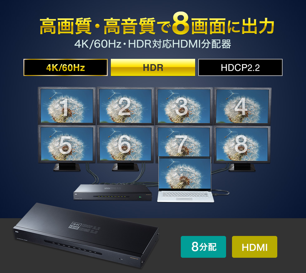高画質・高音質で8画面に出力　4K/60Hz・HDR対応HDMI分配器