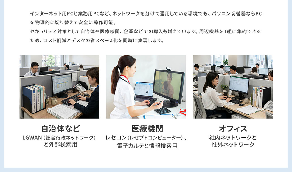 自治体や医療機関、オフィスなどで使用